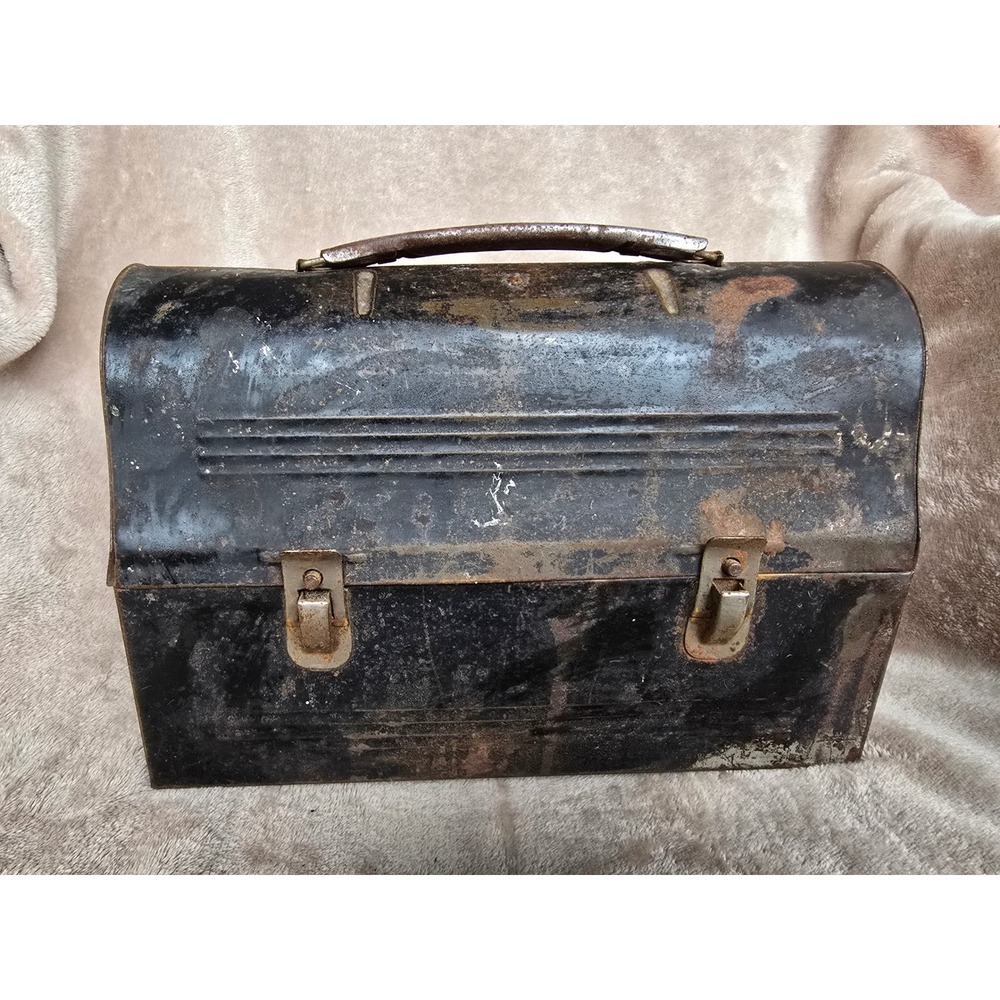 Vintage Black Metal Dome Top Lunch Box Industrial Steel Pail with Thermos Clip